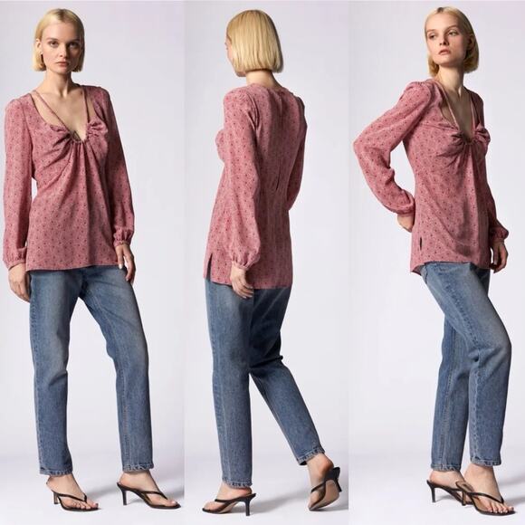 Equipment Arden Puff Sleeve Silk Top in Red Geometric Print - Picture 1 of 13